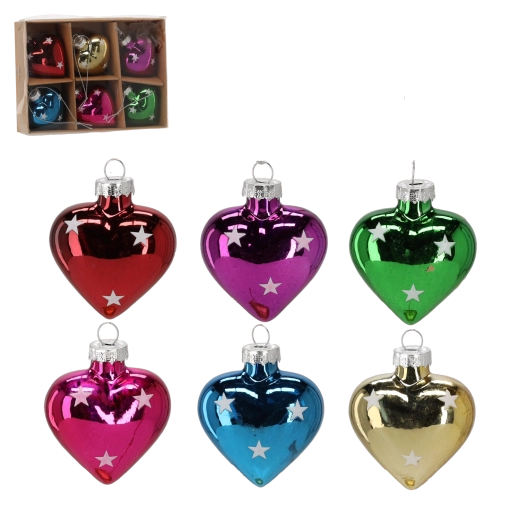Sada sklenených vianočných ozdôb srdce, 6 ks