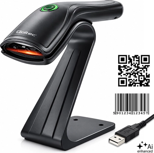 Qoltec čítačka čiarových kódov 1D a 2D so stojanom USB
