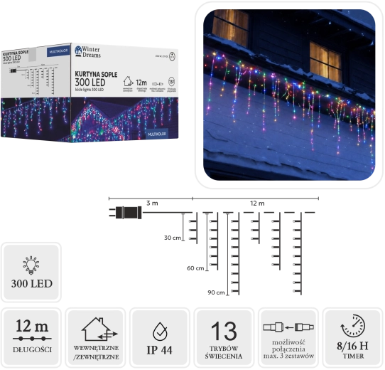 Svetelný záves rampúchy (cencúle) 300 LED multicolor 3 × 12 m - 1 kus