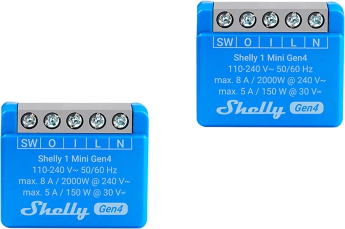 Sada miniatúrnych reléových ovládačov Shelly 1 Mini Gen4 (2 ks) so Zigbee a Matter