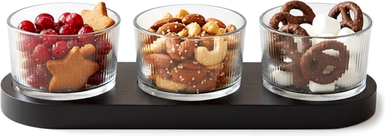 Sklenené mištičky na občerstvenie na tácke, 4-dielna sada