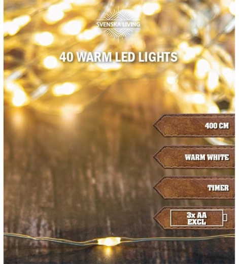 Vianočný svetelný reťaz 40 LED s časovačom 4 m, teplá biela