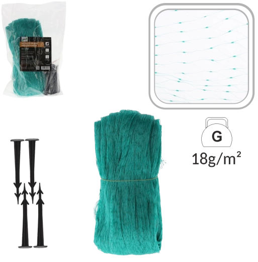 Ochranná sieť proti vtákom 10 × 20 m, zelená, s kolíkmi