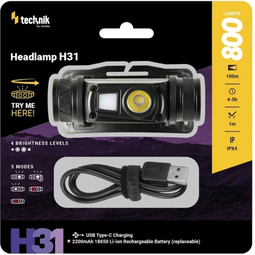 Technik MT-H31 čelovka s OSRAM P9 LED, červeným svetlom a USB-C (800 lm)