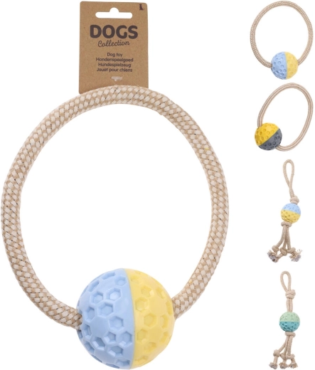 Pískajúca loptička s lanom pre psov z TPR a bavlny