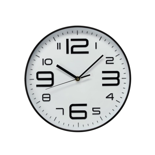 Nástenné okrúhle hodiny 30,2 × 30,2 × 4,3 cm biele s čiernymi číslicami