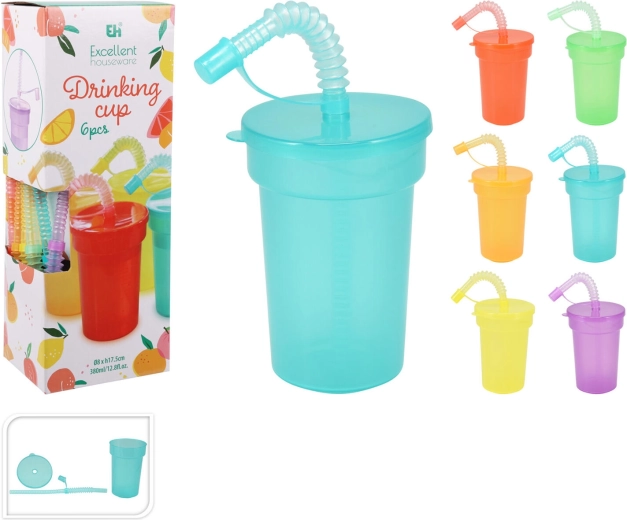 Plastový kelímok s viečkom a slamkou 380 ml, mix farieb, sada 6 ks