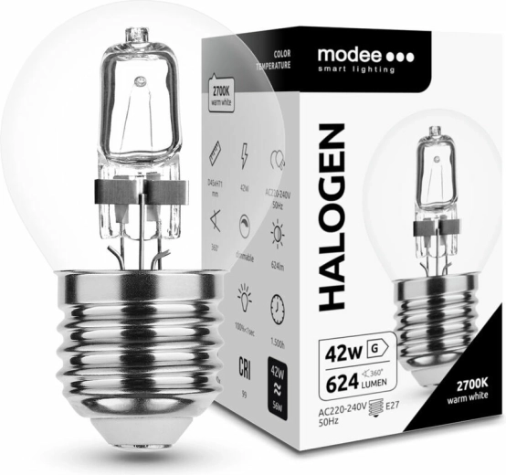 Halogénová žiarovka Modee Mini Globe 42 W E27, 624 lm, teplá biela