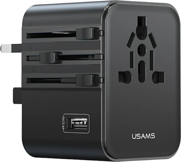 USAMS cestovný univerzálny adaptér a nabíjačka 17 W (2× USB‑C + USB‑A) 4v1 US/AU/EU/UK, čierna