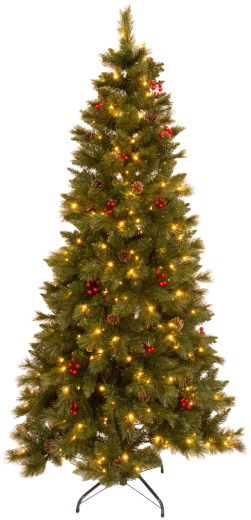 Umelý vianočný stromček 180 cm zelený s jarabinou, šiškami a LED osvetlením