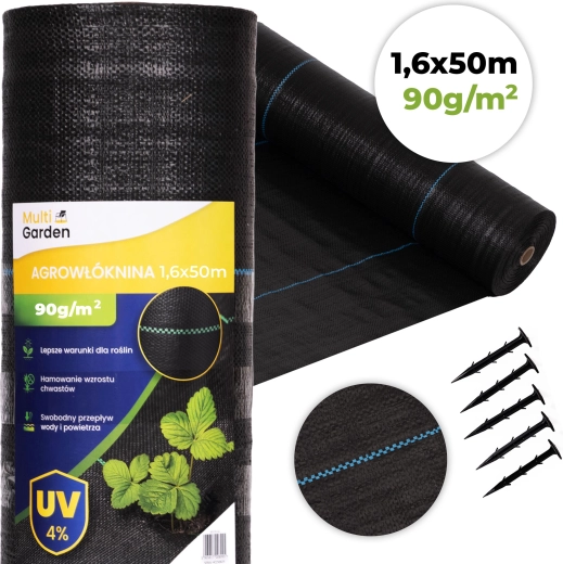 UV odolná agrotextília proti burine 90 g/m², 1,6 × 50 m s kolíkmi, MultiGarden