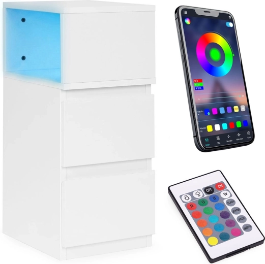 Nočný stolík s LED osvetlením, 2 zásuvky, biely, ModernHome