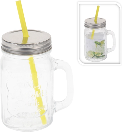 Pohár s uškom 450 ml s viečkom a slamkou Vintage