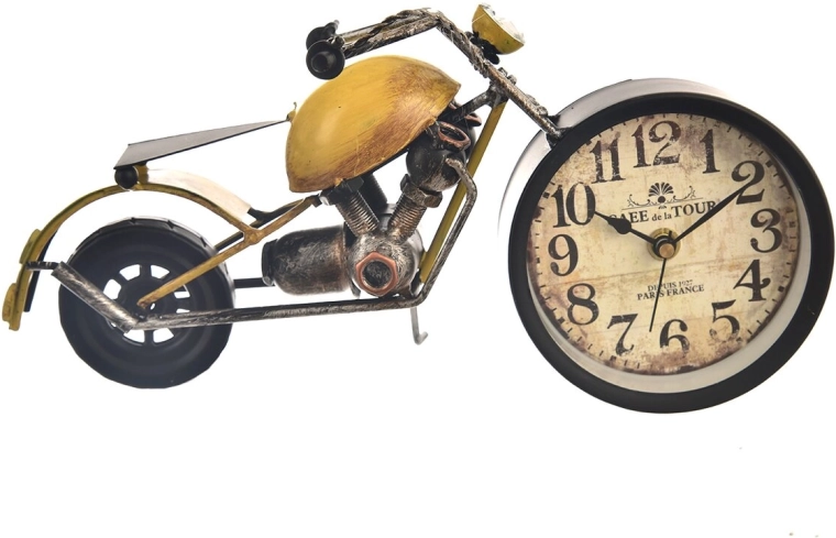 Stolové kovové hodiny v tvare motocykla