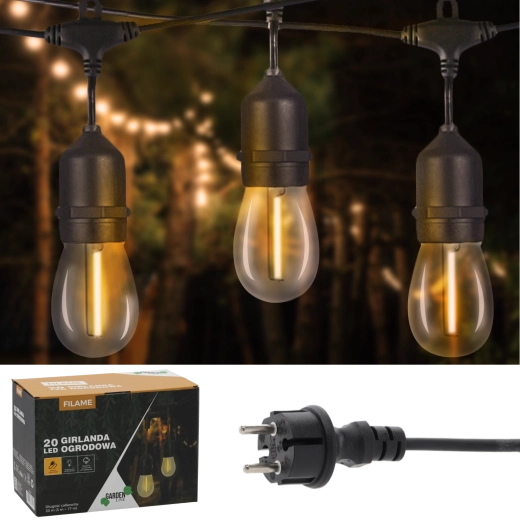 Záhradná svetelná girlanda 20 m, 20× LED E27, teplá biela, IP44