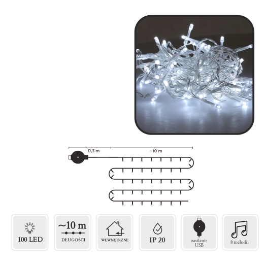 LED vianočný reťaz s melódiou USB, 100 LED, studená biela, 10 m