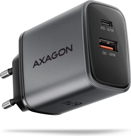 Sieťová nabíjačka AXAGON GaN 67W s USB‑C Power Delivery a USB‑A Quick Charge, 2 porty