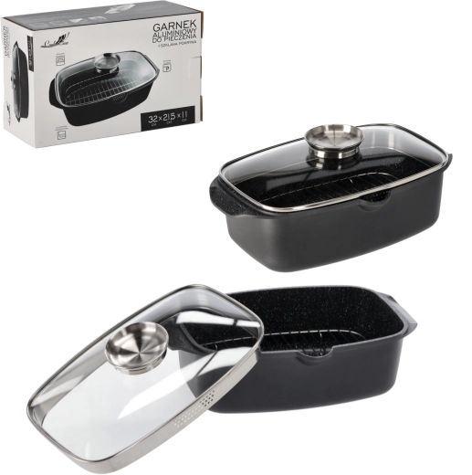 Hliníkový pekáč 32 × 21,5 × 11 cm so sklenenou pokrievkou