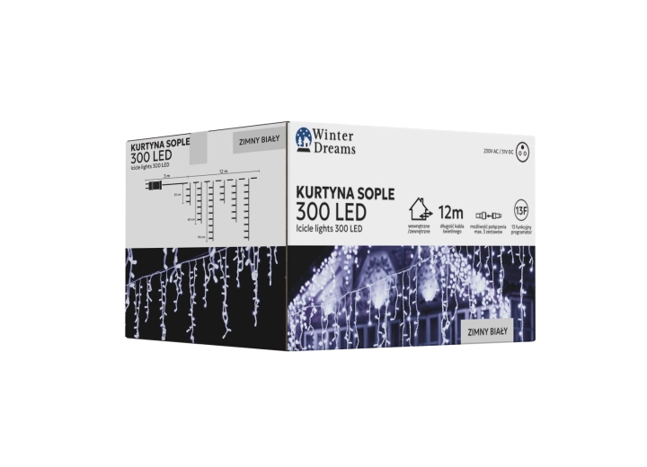 LED svetelný záves s cencúľmi, 300 LED, studená biela, 12 m