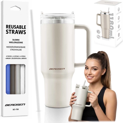 Berdsen vákuový termohrnček 1180 ml so sadou slamiek, krémový