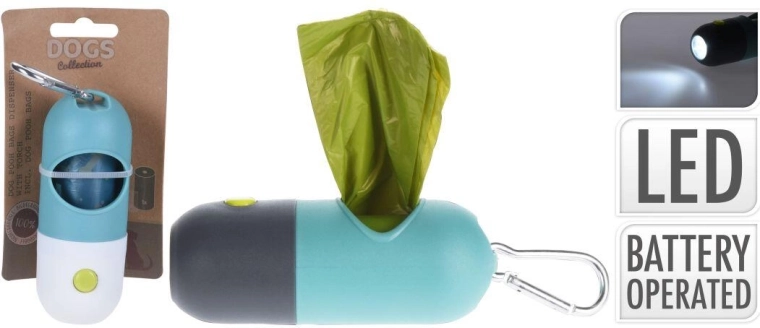 Zásobník na vrecká pre psov s LED svetlom a karabínou