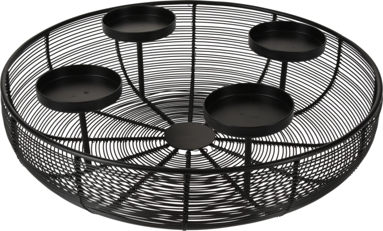 Okrúhly kovový svietnik na 4 sviečky, čierny, 36 × 10 cm