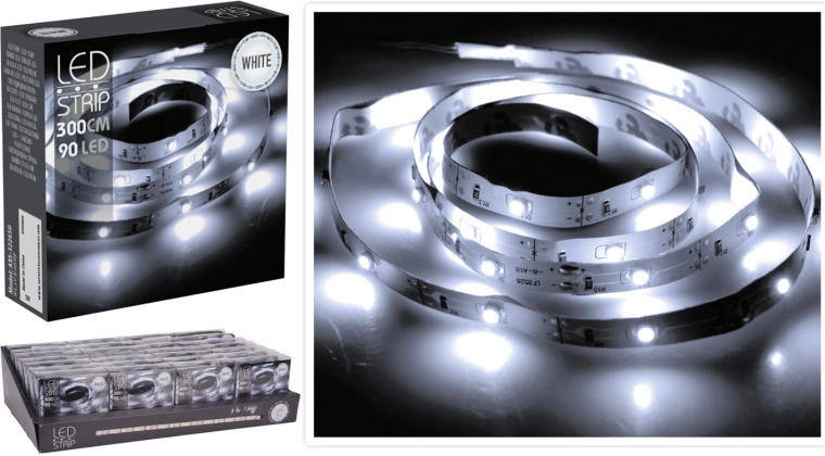 LED pásik 3 m so studenou bielou, 90 LED na batérie