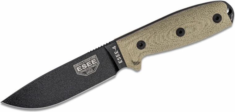 ESEE Model 4 survival nôž 11,4 cm, čierny, zelená Micarta, plastové puzdro