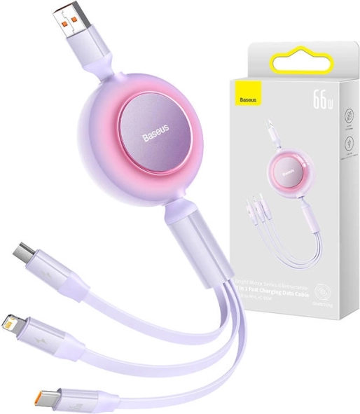 Baseus Bright Mirror 3 USB kábel 3 v 1 pre micro USB, USB‑C a Lightning 66 W 1,1 m – Fialový