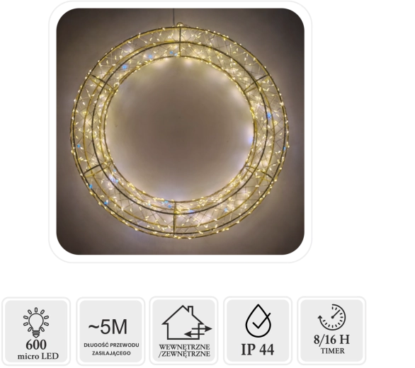 Vianočný LED veniec 40 cm, 600 micro LED, teplá biela so studeným blikaním, na vnútorné aj vonkajšie použitie - 1 kus