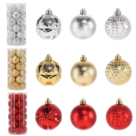 Sada 24 vianočných gulí 6 cm – červené, zlaté a strieborné, nerozbitné