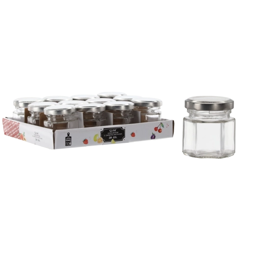 Šesťhranná sklenica 30 ml s kovovým viečkom