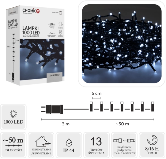 LED vianočná svetelná reťaz 1000 LED, studená biela, 53 m (50 m + 3 m)