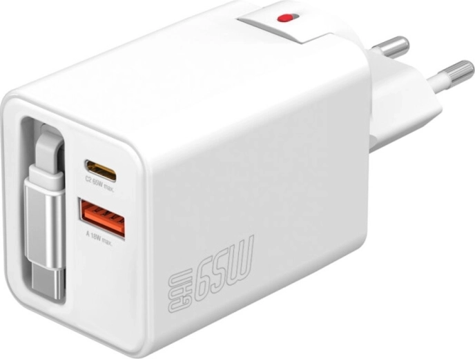 Sieťová nabíjačka GaN 65 W s výsuvným káblom, 2× USB‑C + USB‑A, biela