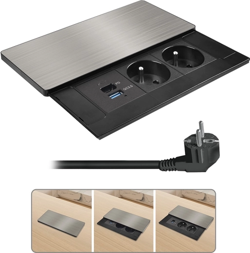 Solight vstavaný blok zásuviek s posuvným krytom, 2× 230 V, USB-A + USB-C 20 W PD, 2 m, strieborný