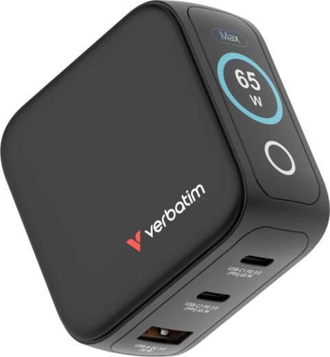 Verbatim mini GaN nabíjačka 65 W s TFT displejom, 2× USB‑C a 1× USB‑A, EU/UK/USA