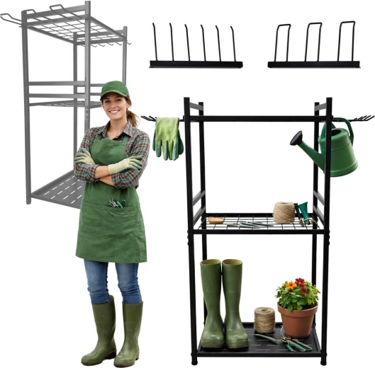 Kovový stojan na záhradné náradie s háčikmi a policami LUARO