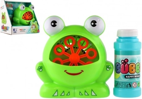 Stroj na bublifuk žaba, plast 11×13 cm, na batérie + náplň, 2 farby, v krabičke 17×16,5×12 cm