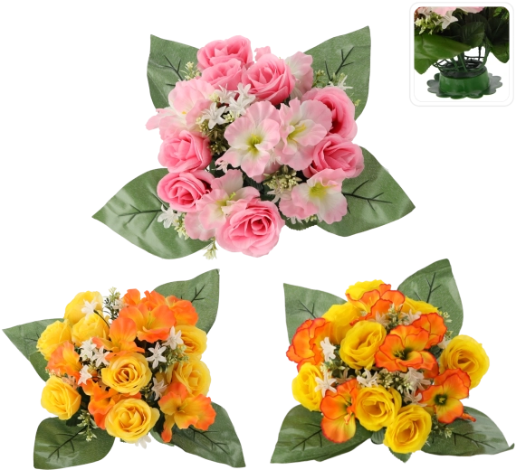 Umelá kytica ruže a ibištek, mix farieb, 25 × 28 × 28 cm