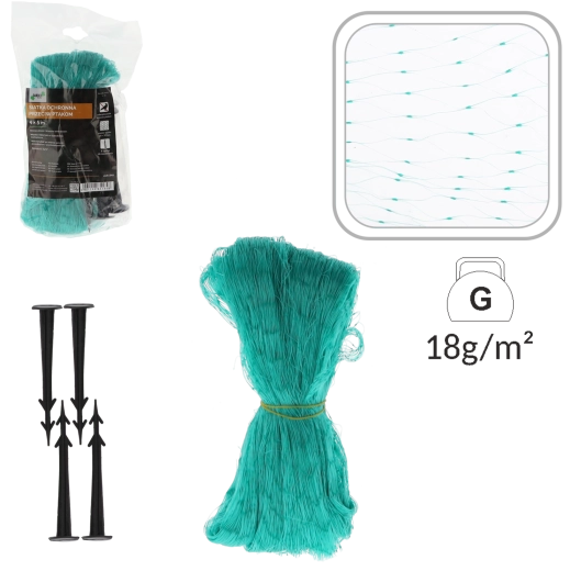 Ochranná sieť proti vtákom 4 × 5 m, zelená, 5 g/m² + 6 kotviacich kolíkov