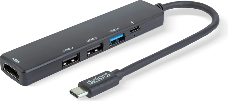 Multifunkčný USB-C hub s HDMI, 3× USB-A a USB-C, 100 W, čierny
