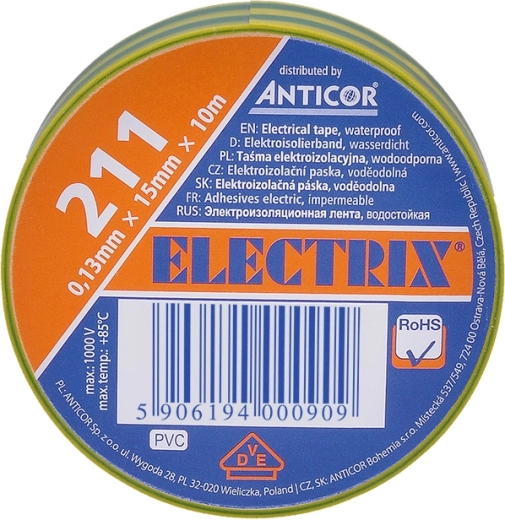 Solight izolačná elektro páska 15 mm x 0,13 mm x 10 m žltozelená