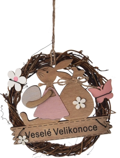 Dekoratívny veľkonočný veniec z prútia a dreva Veselú Veľkú noc 15 cm