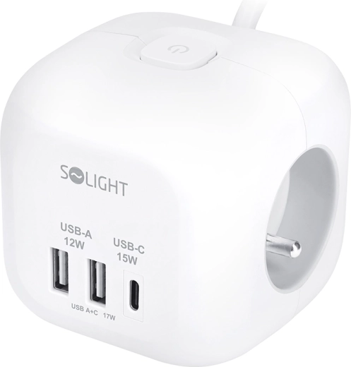 Predlžovací prívod Solight v tvare kocky, 3 zásuvky + USB-A a USB-C, kábel 2 m, biely