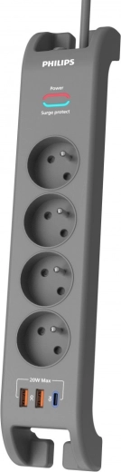 Prepěťová ochranná predlžovačka 2 m, 4 zásuvky, 1× USB‑C, 2× USB‑A, PD 20 W / QC 18 W, 2400 J – Philips