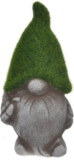 Dekoratívny keramický škriatok s machom a motýľom, sivý 19 cm