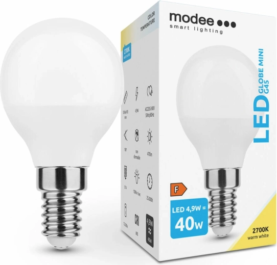 Modee Smart Lighting LED žiarovka Globe Mini G45 4,9 W E14, 470 lm, teplá biela