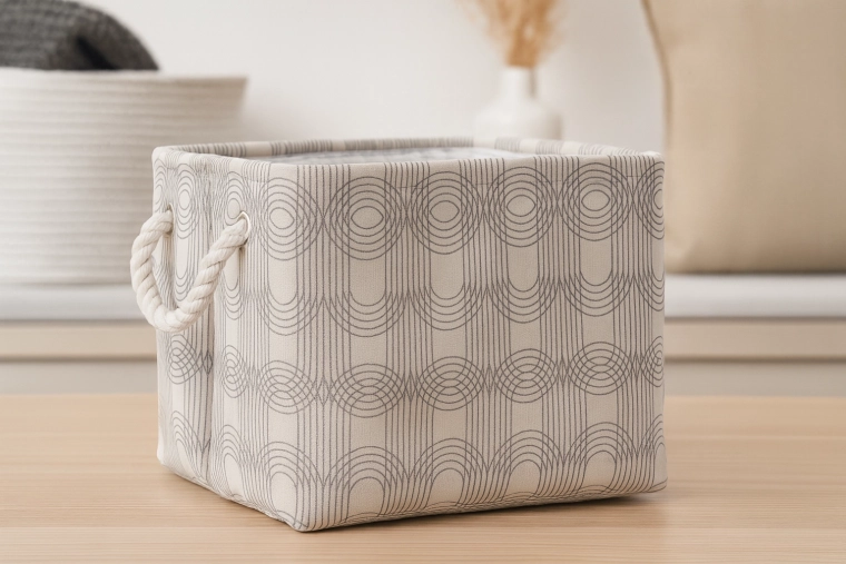 Textilný úložný box 30 × 30 × 24 cm s geometrickým vzorom a povrazovými úchytmi
