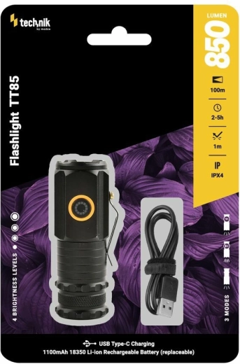 Vrecková baterka Technik TT85, 850 lm, 3× LED P35, USB‑C, magnetická základňa