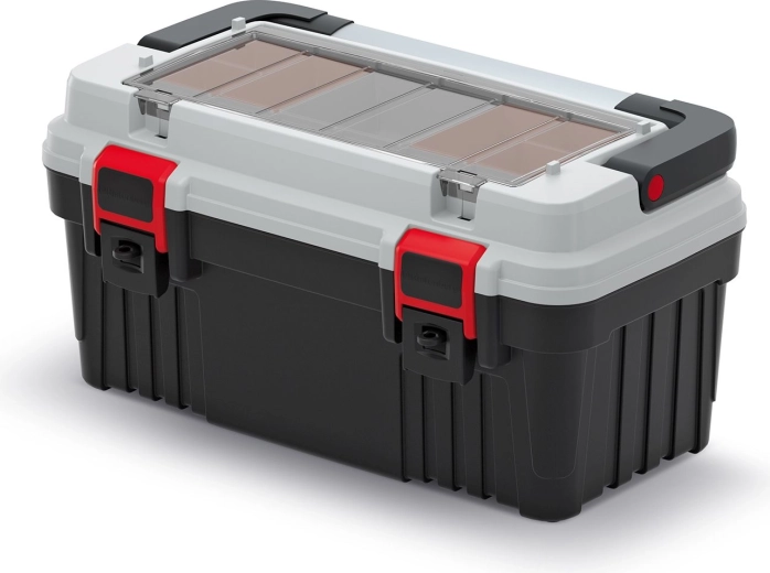 Plastový kufor na náradie s kovovou rukoväťou a organizérmi OPTIMA 470 × 256 × 238 mm, sivý